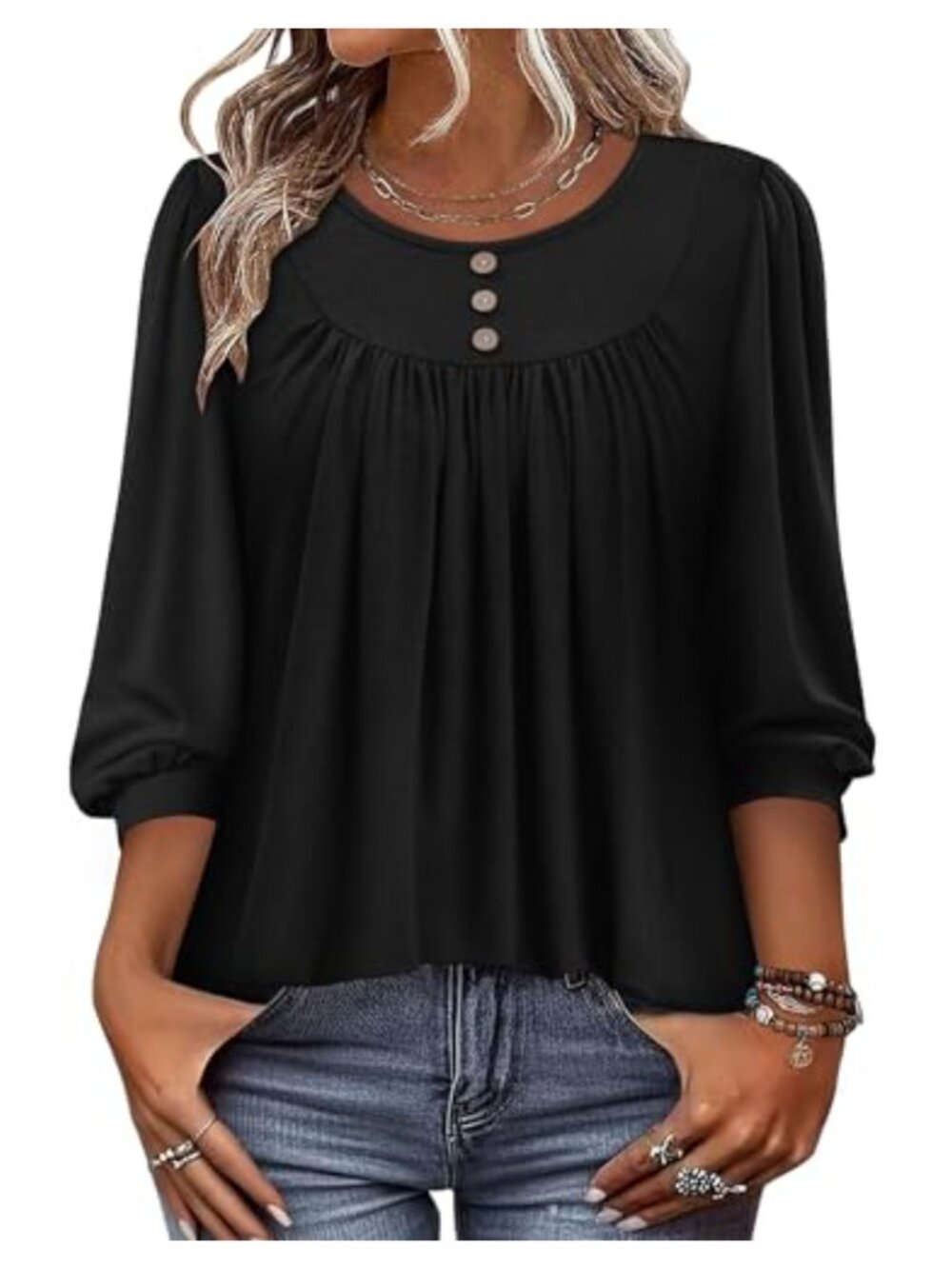 Womens Pleated Puff Sleeve Tunic Blouse 3/4 Sleeve Office Work Top